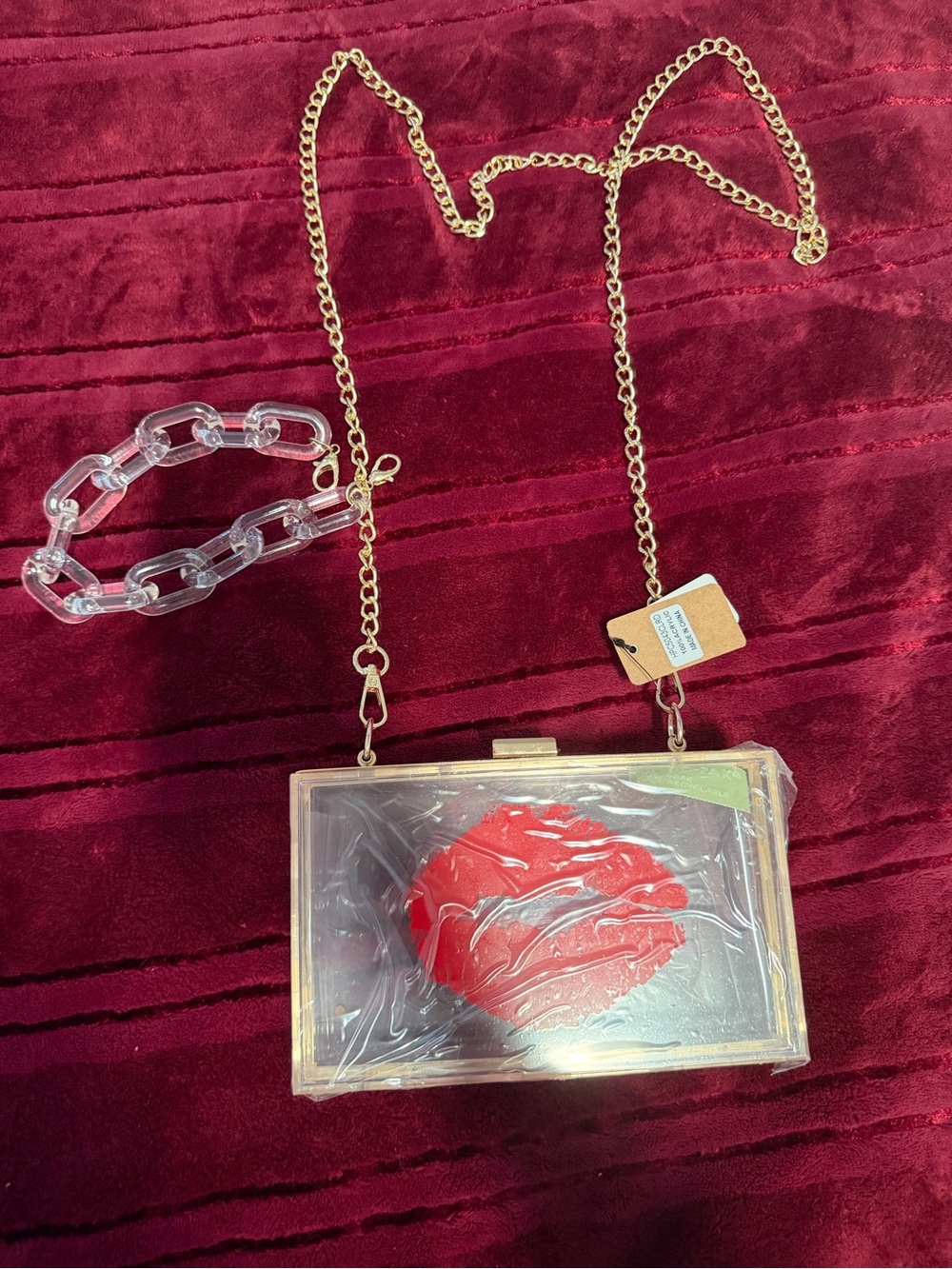 Clear Acrylic Kiss Clutch with Gold Chain - Red Accent